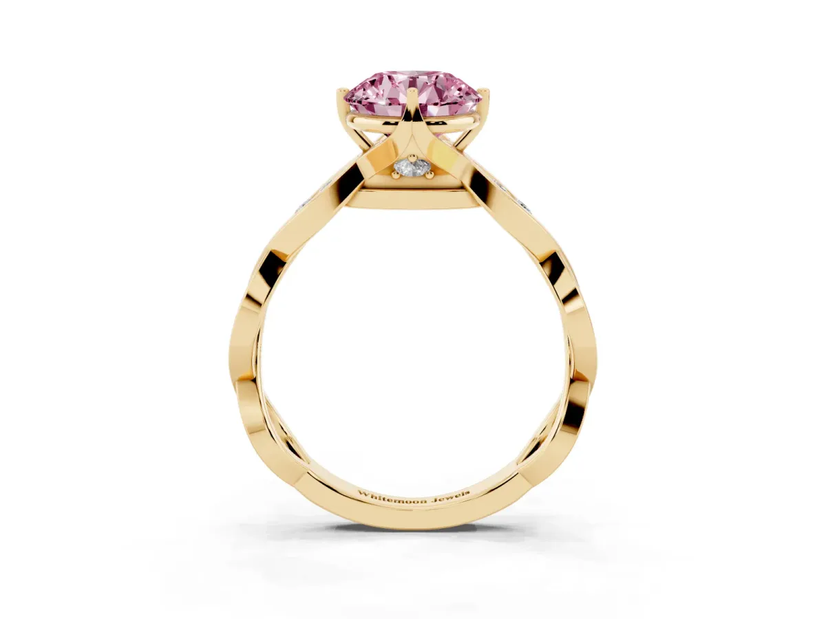 Fancy Pink Round Cut Solitaire Twist Band with Leaf Prong Setting Yellow gold