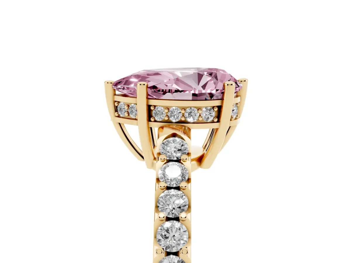 Fancy Pink Pear Cut Solitaire Diamond Engagement Ring with Pavé Band and Six-Prong Setting Yellow gold