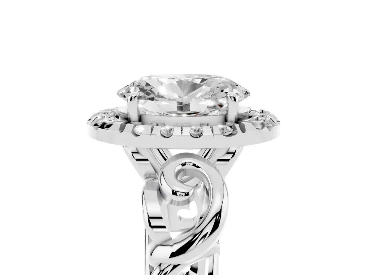 Oval Cut Cut Halo Diamond Ring with Scrollwork Band and Four-Prong Setting Silver