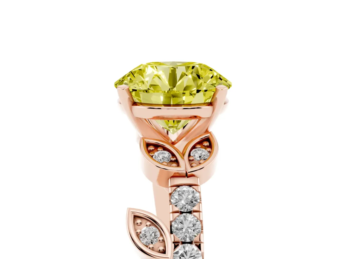 Fancy Yellow Round Cut Solitaire Leaf-Inspired Diamond Ring with Pavé Band and Four-Prong Setting Rose gold