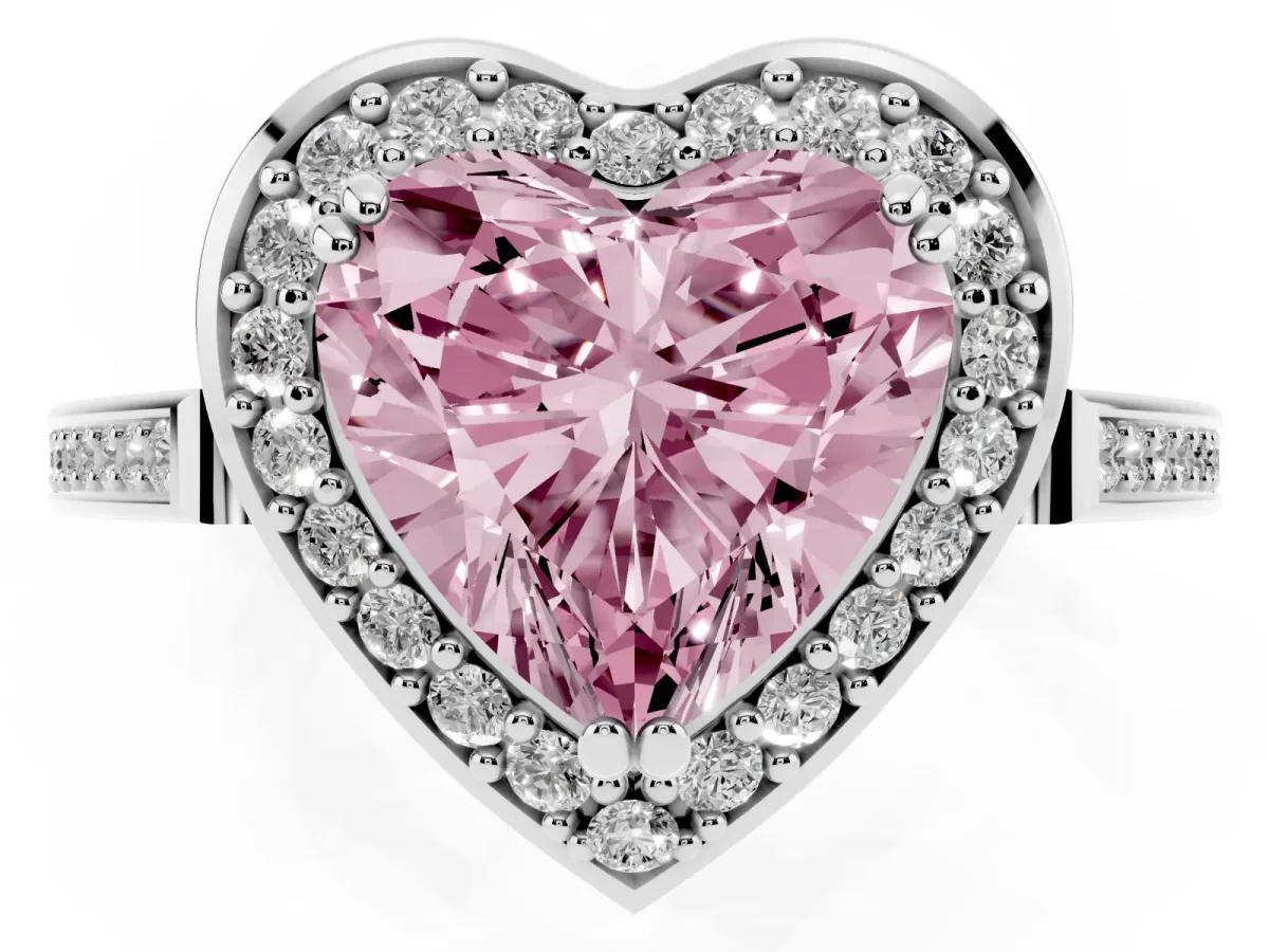 Fancy Pink Heart Cut Diamond Halo Ring with Split Shank and Four-Prong Setting Platinum
