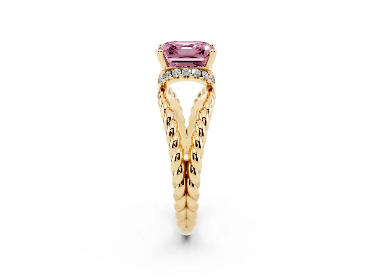Fancy Pink Asscher Cut Halo Twisted Band Four-Prong Ring Yellow gold