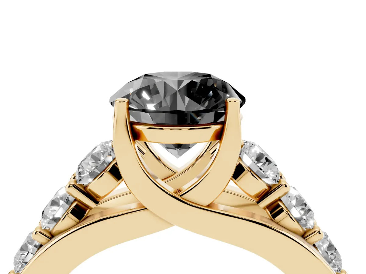 Fancy Black Round Cut Diamond Engagement Ring with Pavé Band and Four-Prong Setting Yellow gold