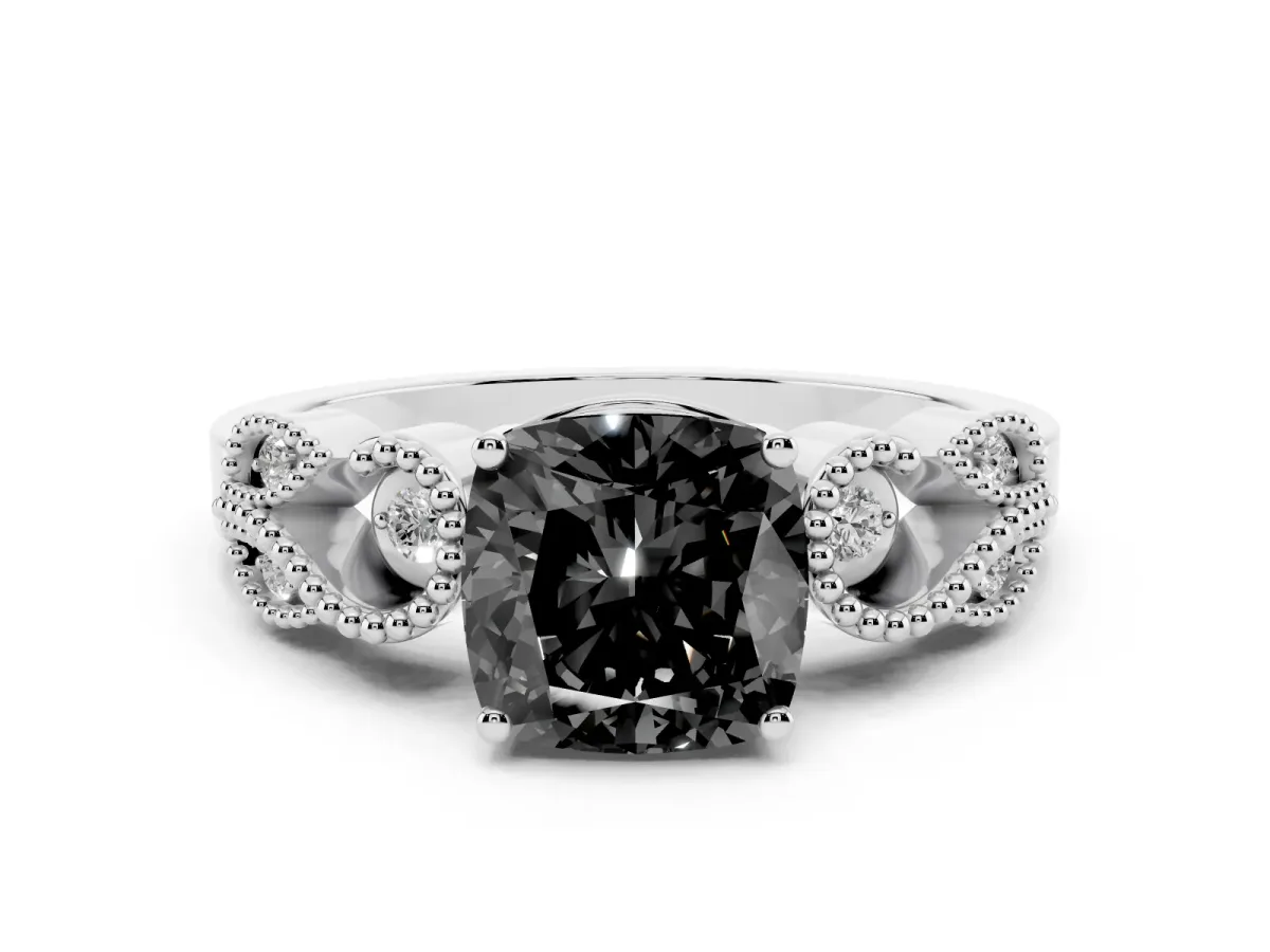 Fancy Black Cushion Cut Solitaire Milgrain Leaf Band with Prong Setting Silver