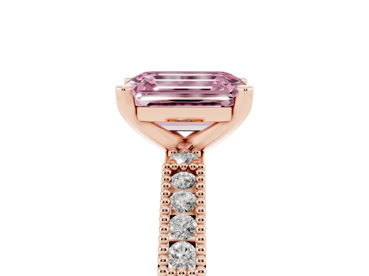 Fancy Pink Emerald Cut Solitaire with Pavé Band and Four-Prong Setting Rose gold