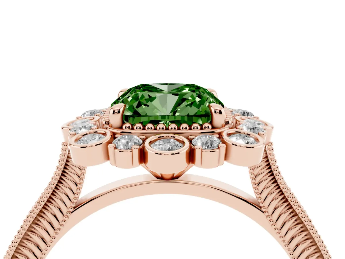 Fancy Green Cushion Cut Halo Milgrain Pave Diamond Ring with Four-Prong Setting Rose gold