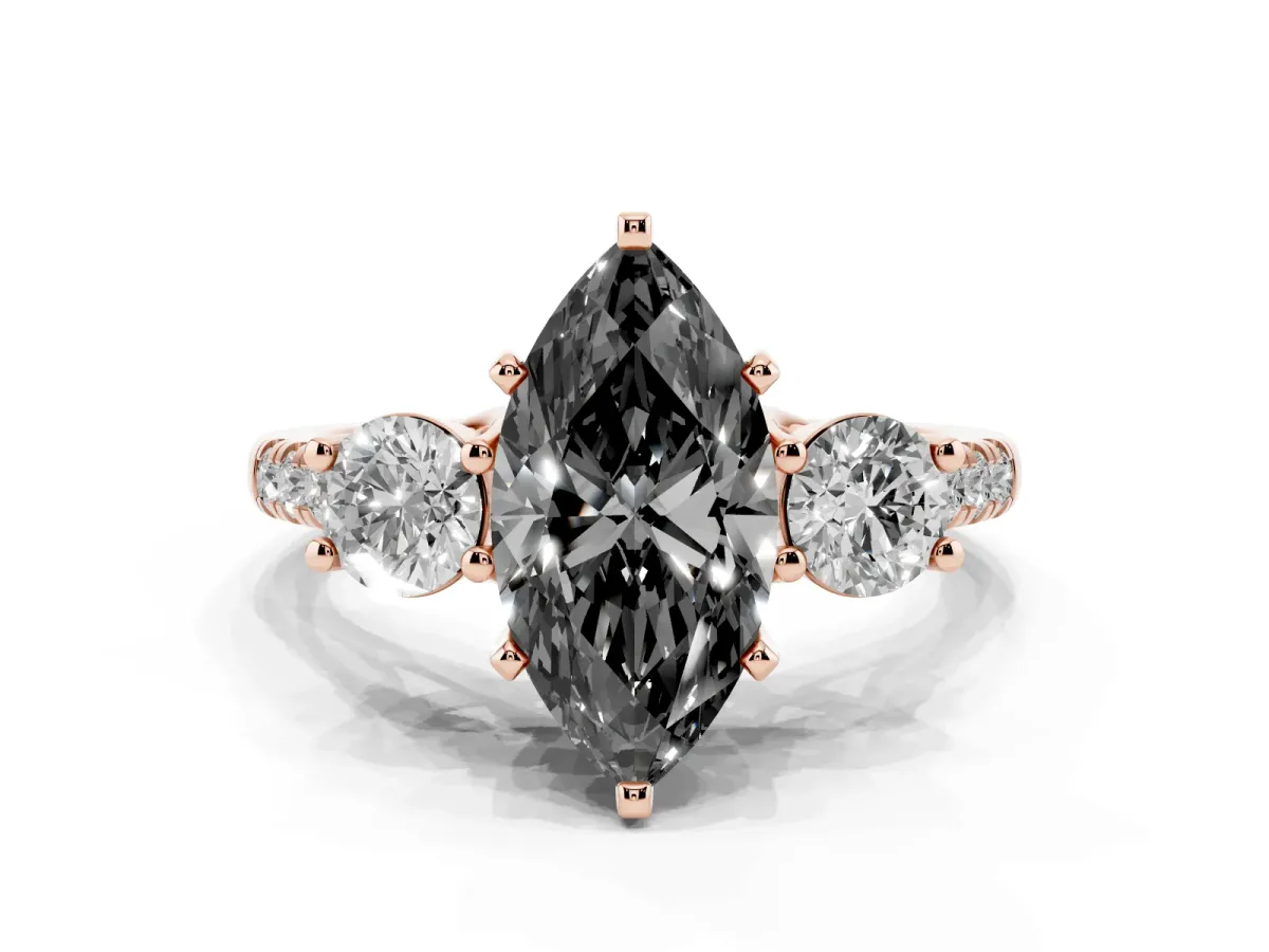 Fancy Black Three-Stone Marquise Cut Diamond Pavé Band with Four-Prong Setting Rose gold