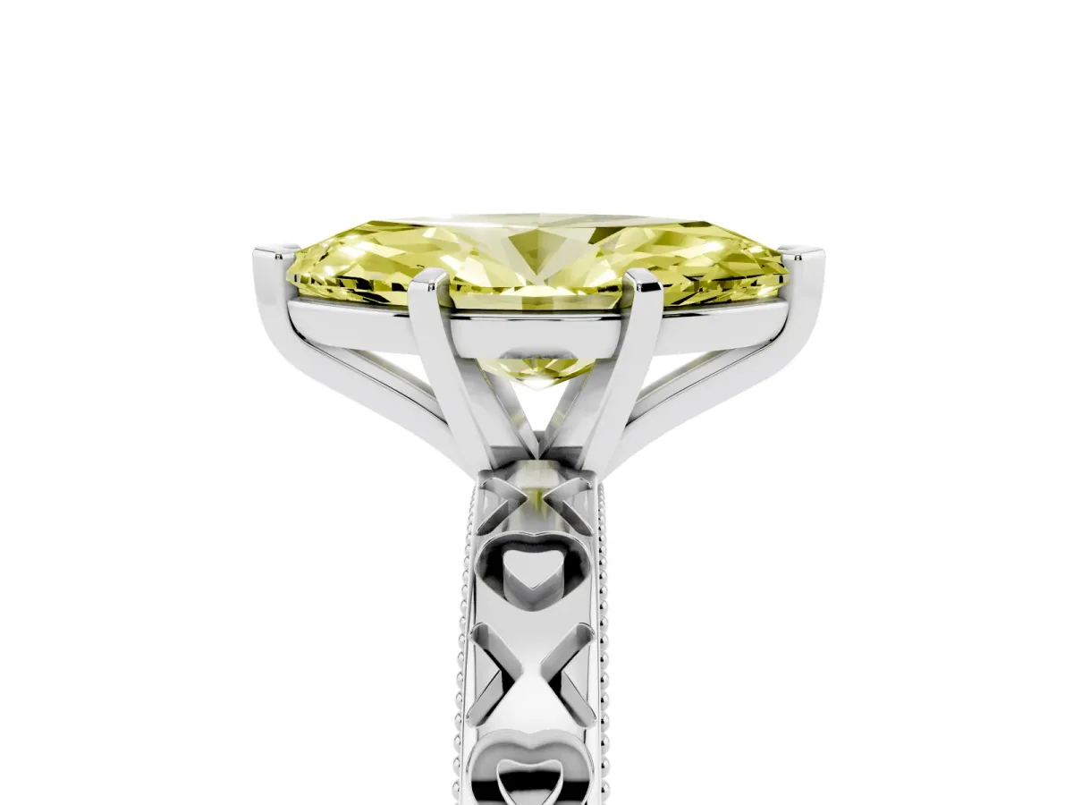 Fancy Yellow Marquise Cut Solitaire Diamond Engagement Ring with XO Engraved Band and Four-Prong Setting White gold