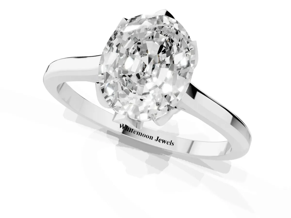 Oval Cut Diamond Solitaire Ring with Flower Prong Setting and Classic Band Silver