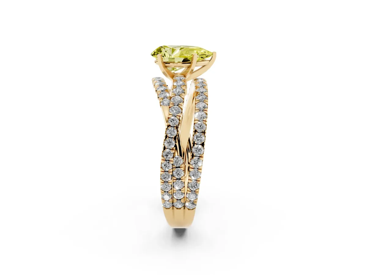 Fancy Yellow Pear Cut Solitaire Twist Band with Pavé Setting and Four-Prong Setting Yellow gold