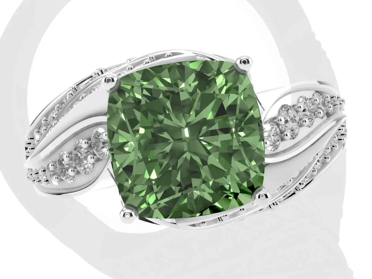 Fancy Green Cushion Cut Diamond Solitaire Ring with Prong Setting and Twisted Pavé Band Silver