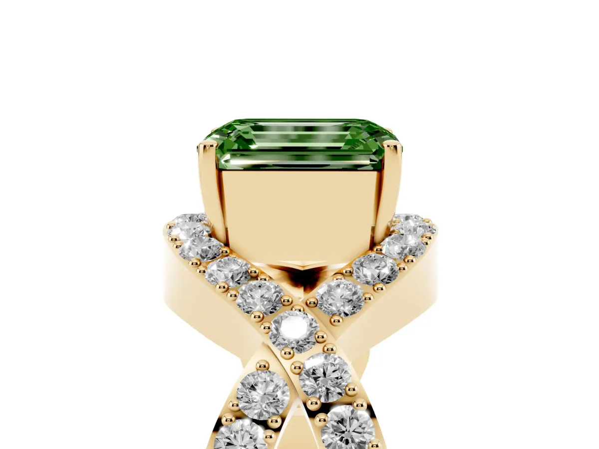 Fancy Green Emerald Cut Solitaire Twist Band Pavé Diamond Engagement Ring Yellow gold