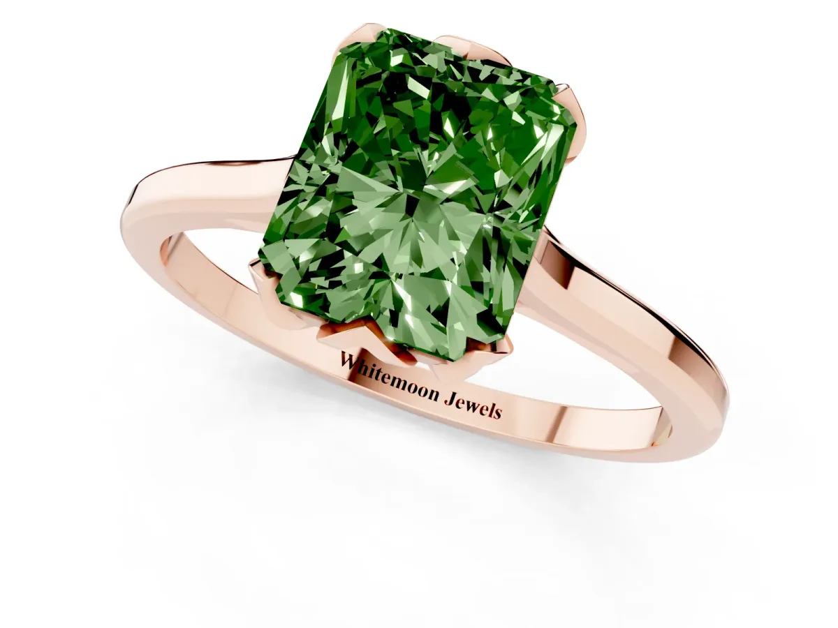 Fancy Green Radiant Cut Diamond Solitaire Ring with Flower Prong Setting and Classic Band Rose gold