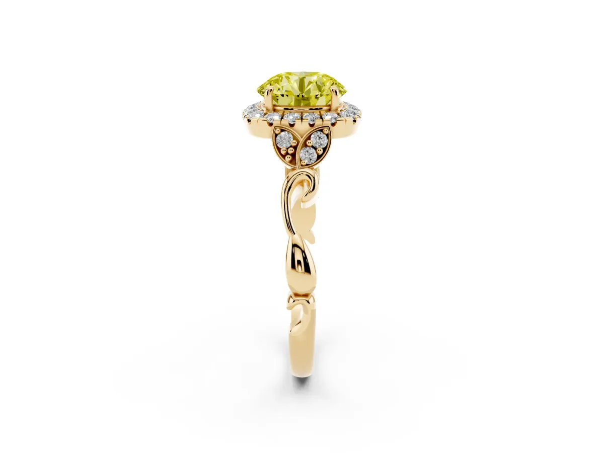 Fancy Yellow Round Cut Halo Diamond Engagement Ring with Vintage-Inspired Band and Four-Prong Setting Yellow gold