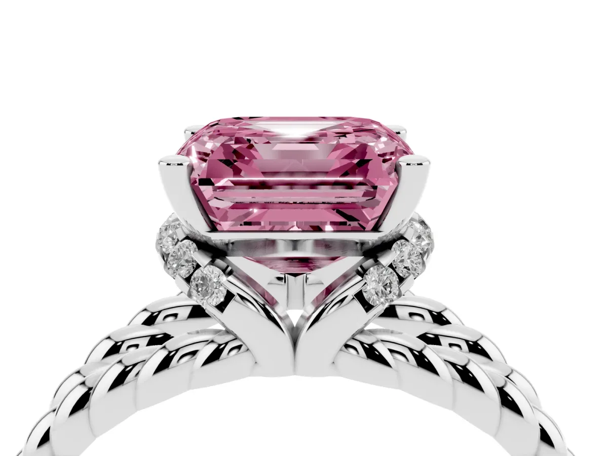 Fancy Pink Asscher Cut Halo Twisted Band Four-Prong Ring Silver