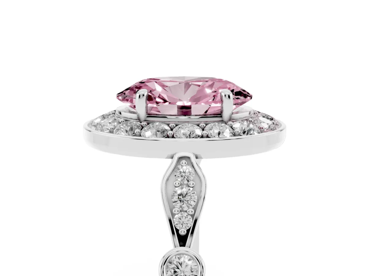 Fancy Pink Oval Cut Halo Diamond Engagement Ring with Twisted Band and Four-Prong Setting Silver