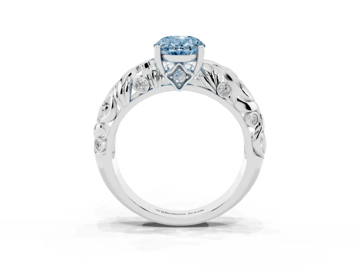 Fancy Blue Oval Cut Solitaire Diamond Leaf-Inspired Vine Band Ring with Prong Setting Platinum