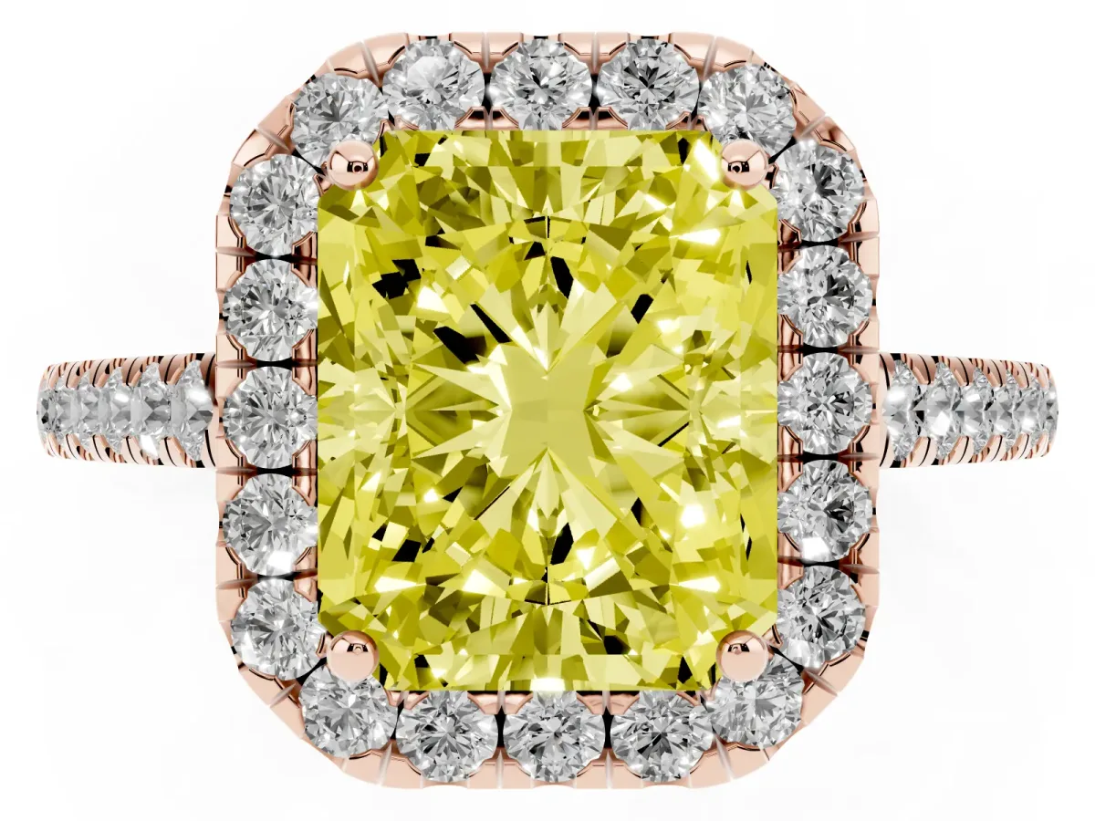 Fancy Yellow Radiant Cut Halo Pave Diamond Engagement Ring with Four-Prong Setting Rose gold