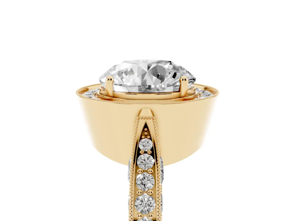 Round Cut Halo Diamond Engagement Ring with Split Shank Band and Four-Prong Setting Yellow gold