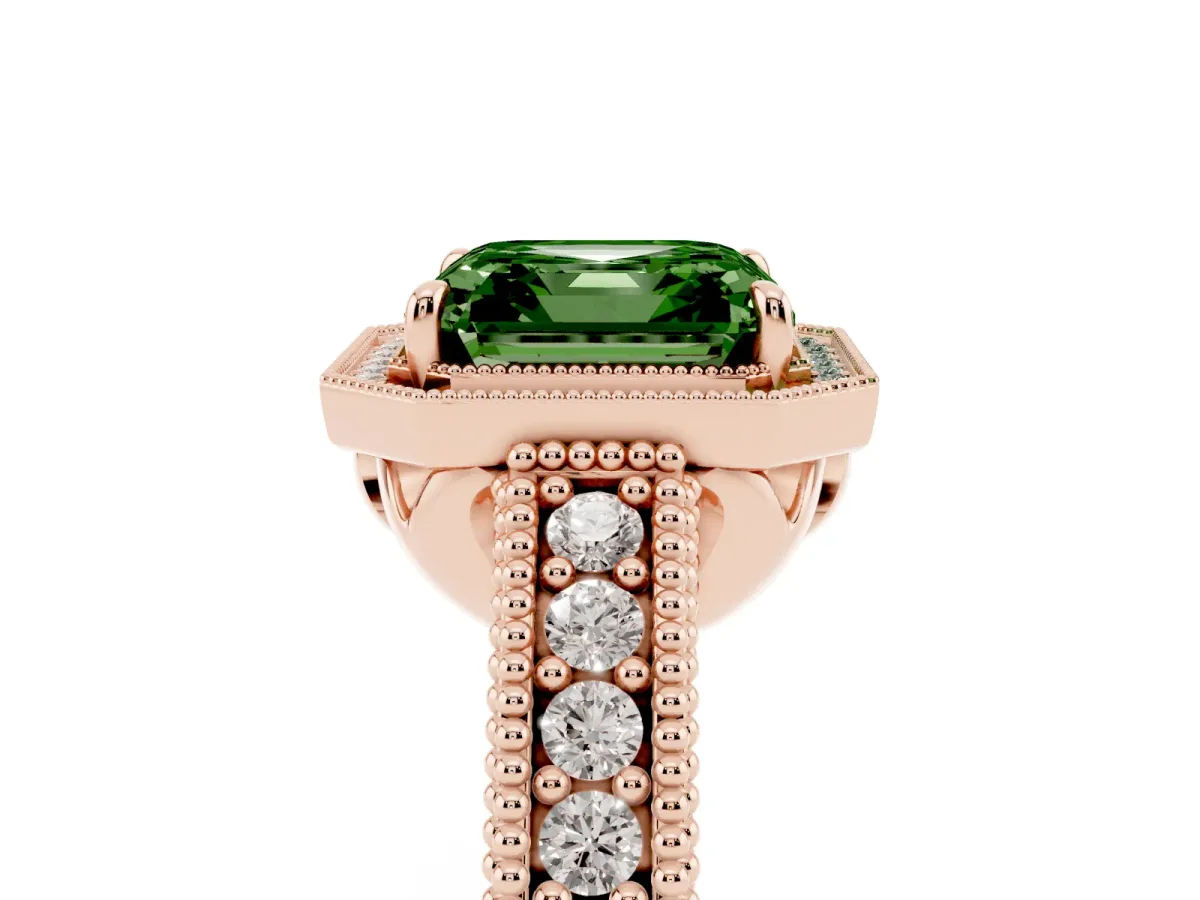 Fancy Green Asscher Cut Cut Halo Diamond Ring with Pavé Band and Four-Prong Setting Rose gold