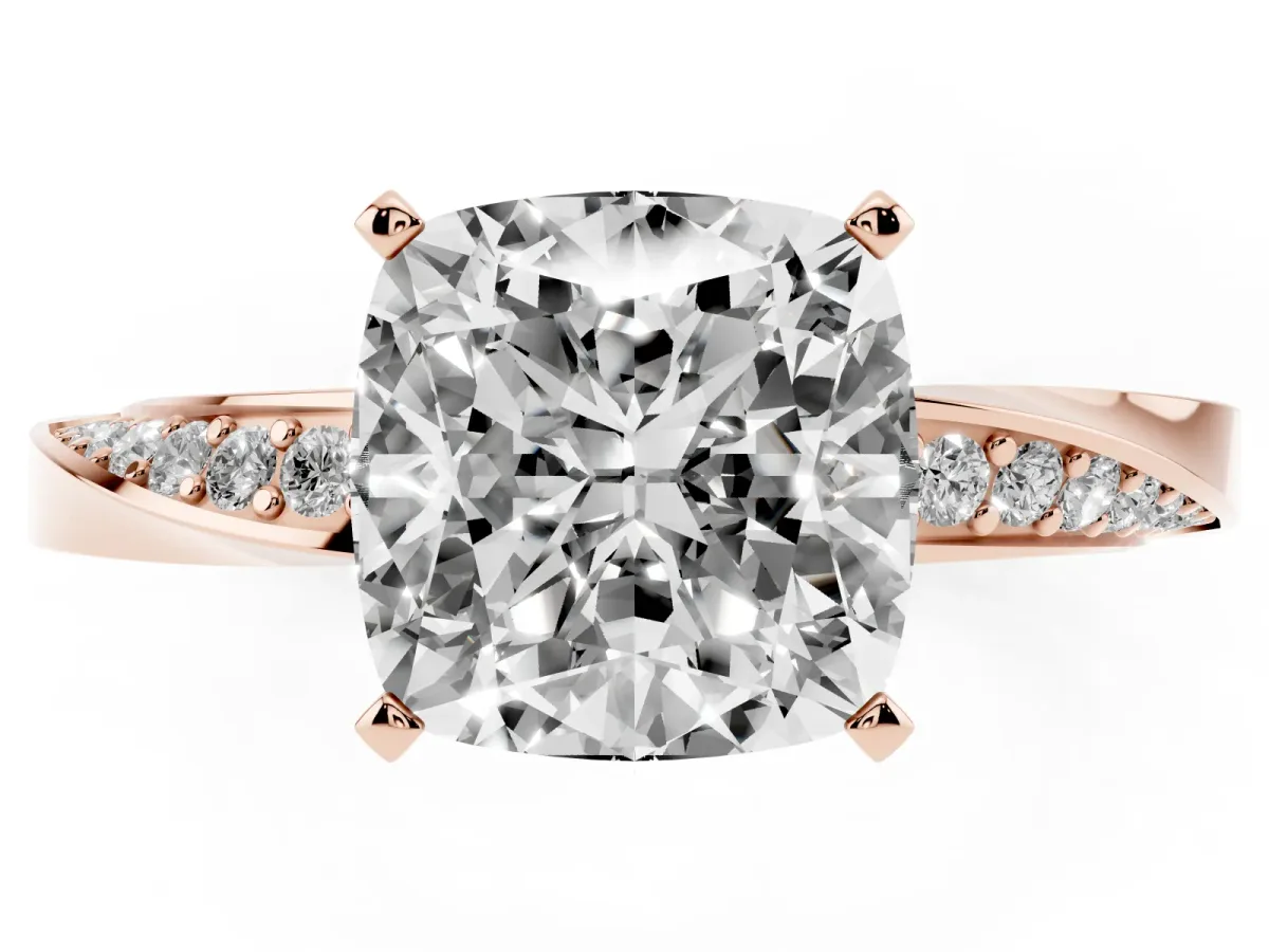 Cushion Cut Diamond Engagement Ring with Side Stone Accents and Four-Prong Setting Rose gold