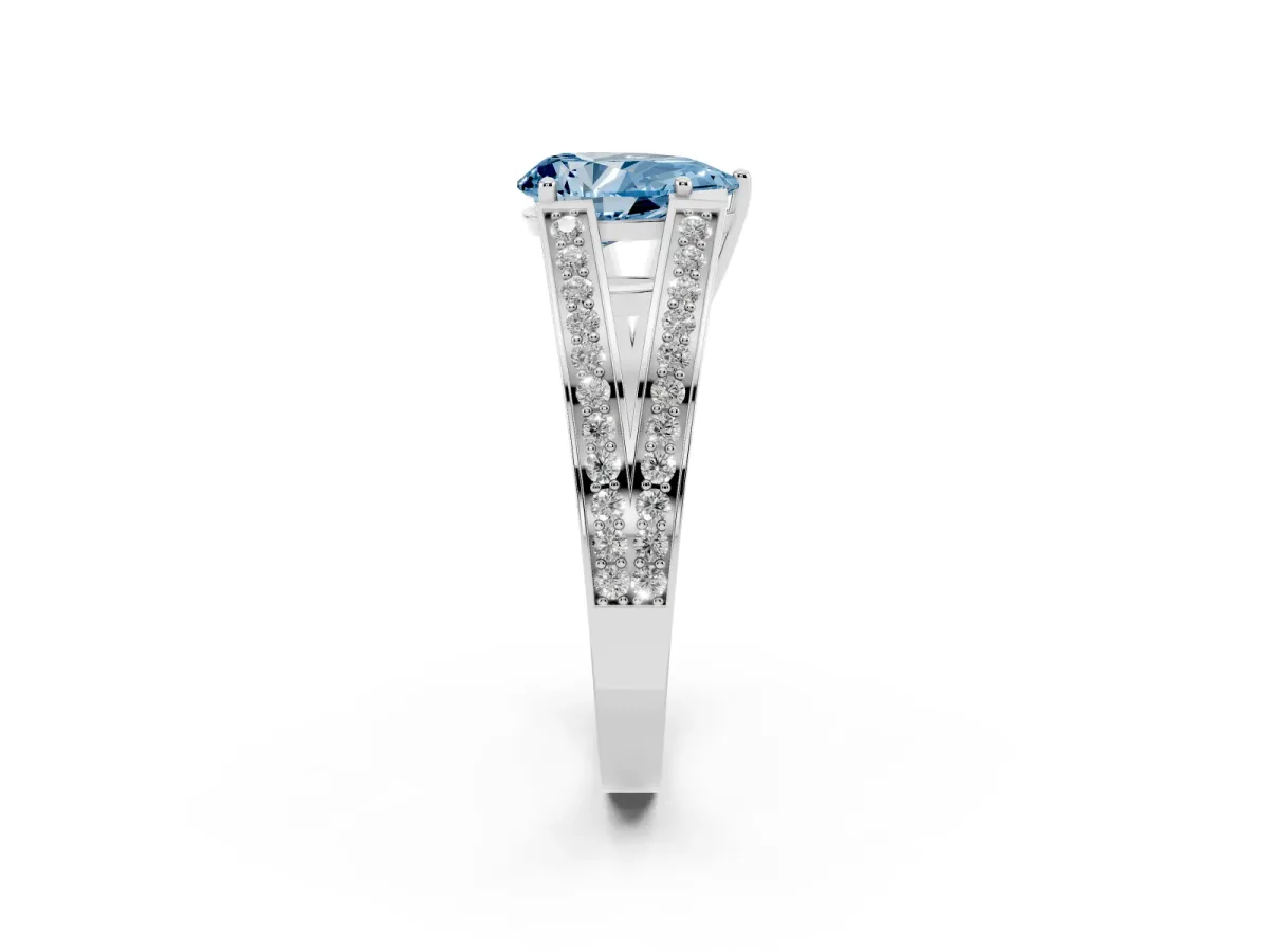 Fancy Blue Pear Cut Diamond Split Shank Ring with Pavé Band and Four-Prong Setting Silver