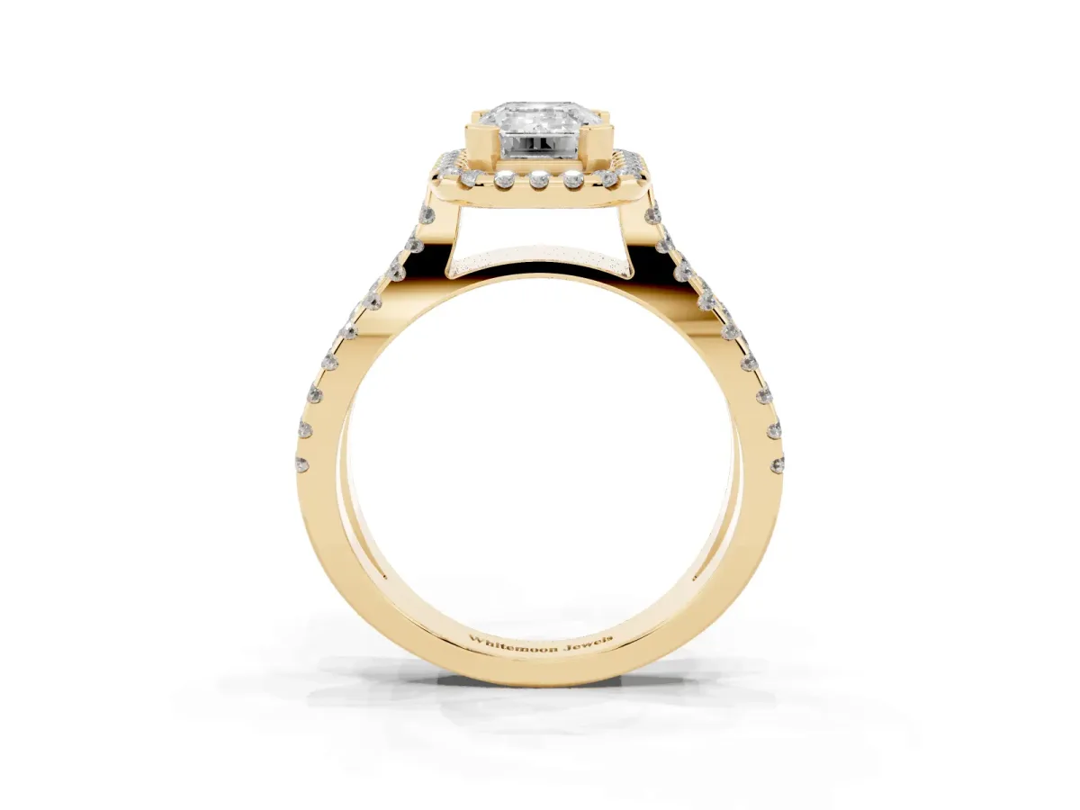 Emerald Cut Diamond Halo Ring with Split Shank Pavé Band and Prong Setting Yellow gold