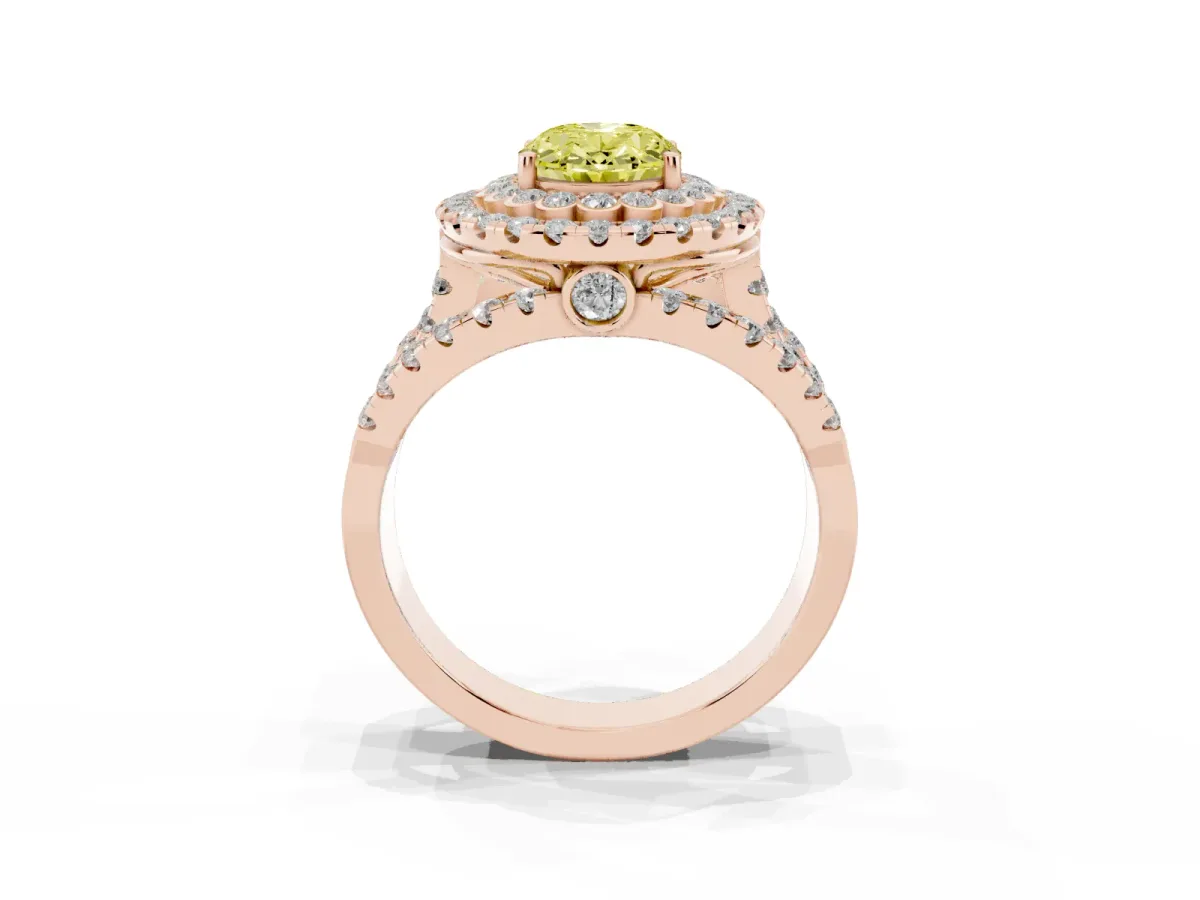 Fancy Yellow Oval Cut Diamond Double Halo Ring with Round Pavé Split Shank and Prong Setting Rose gold
