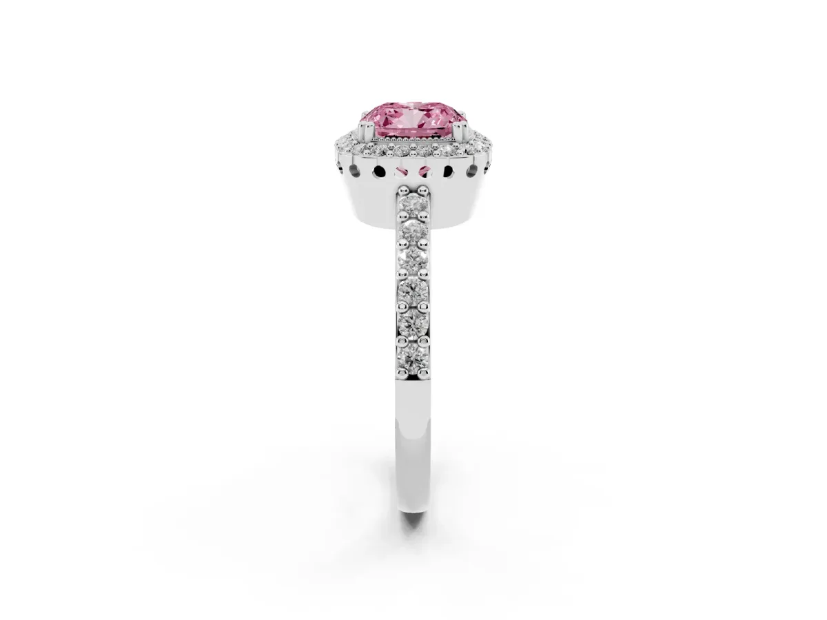 Fancy Pink Cushion Cut Cut Diamond Halo Engagement Ring with Milgrain Detail and Pavé Band Platinum