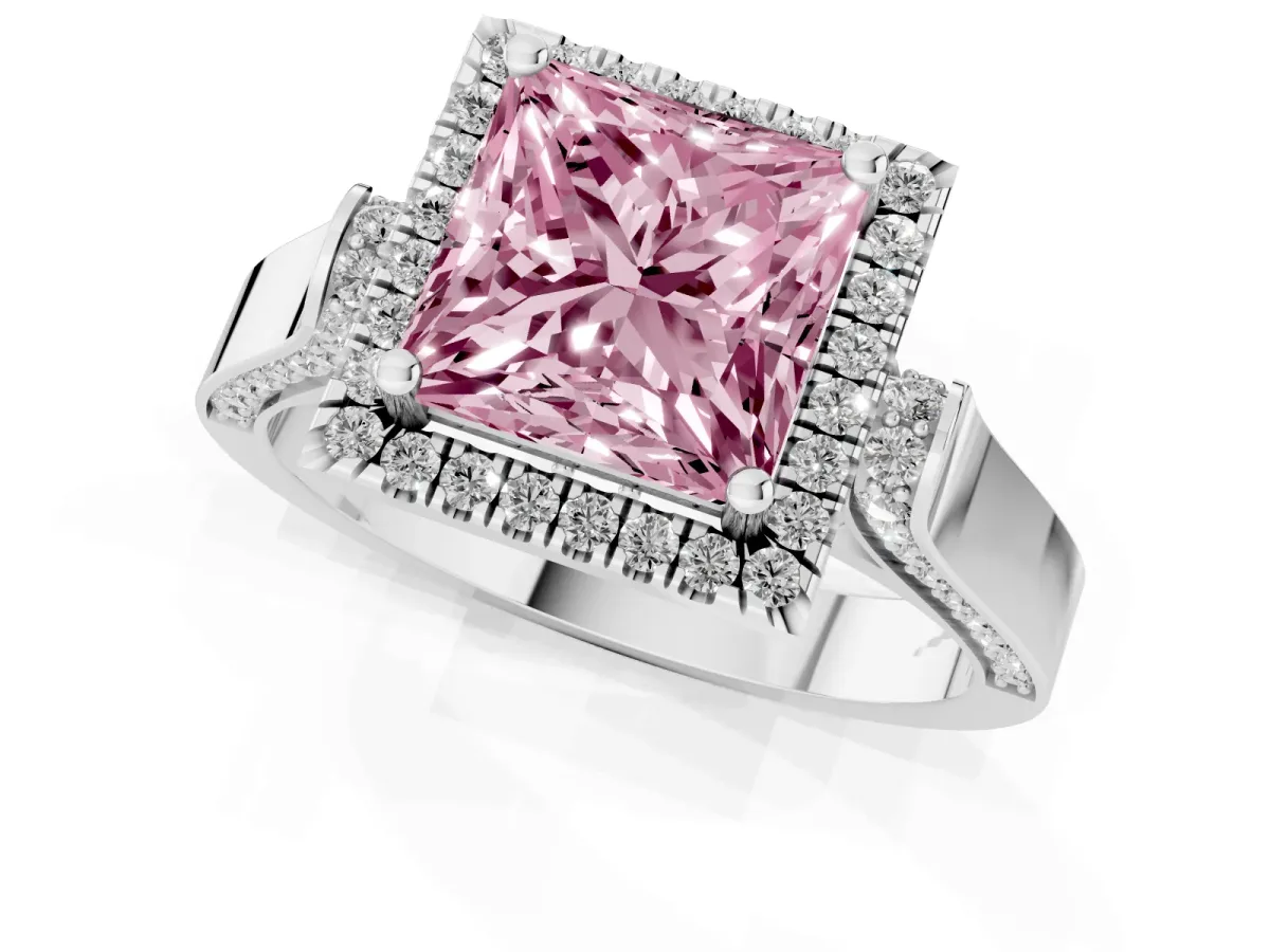 Fancy Pink Princess Cut Halo Round Diamond Twist Band with Four-Prong Setting White gold
