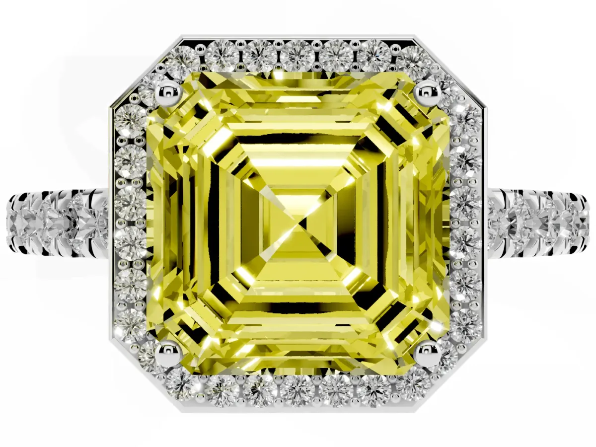 Fancy Yellow Asscher Cut Cut Halo Diamond Engagement Ring with Pave Band and Four-Prong Setting Platinum