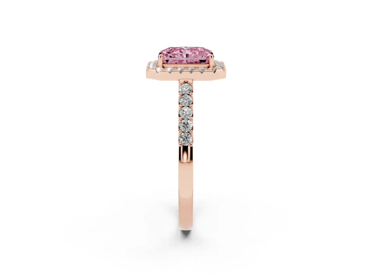 Fancy Pink Radiant Cut Halo Diamond Pavé Solitaire Ring Rose gold