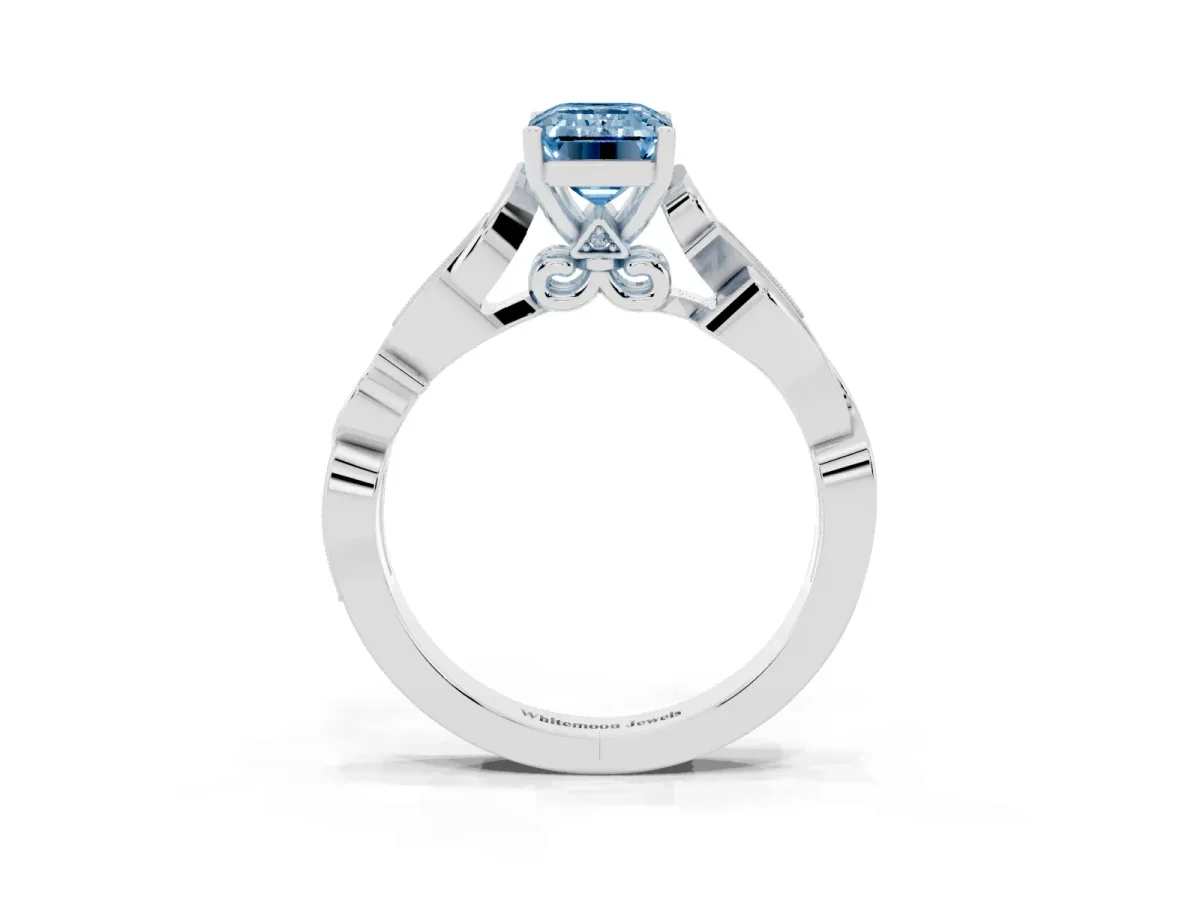 Fancy Blue Emerald Cut Solitaire Vine Band with Milgrain Prong Setting Platinum