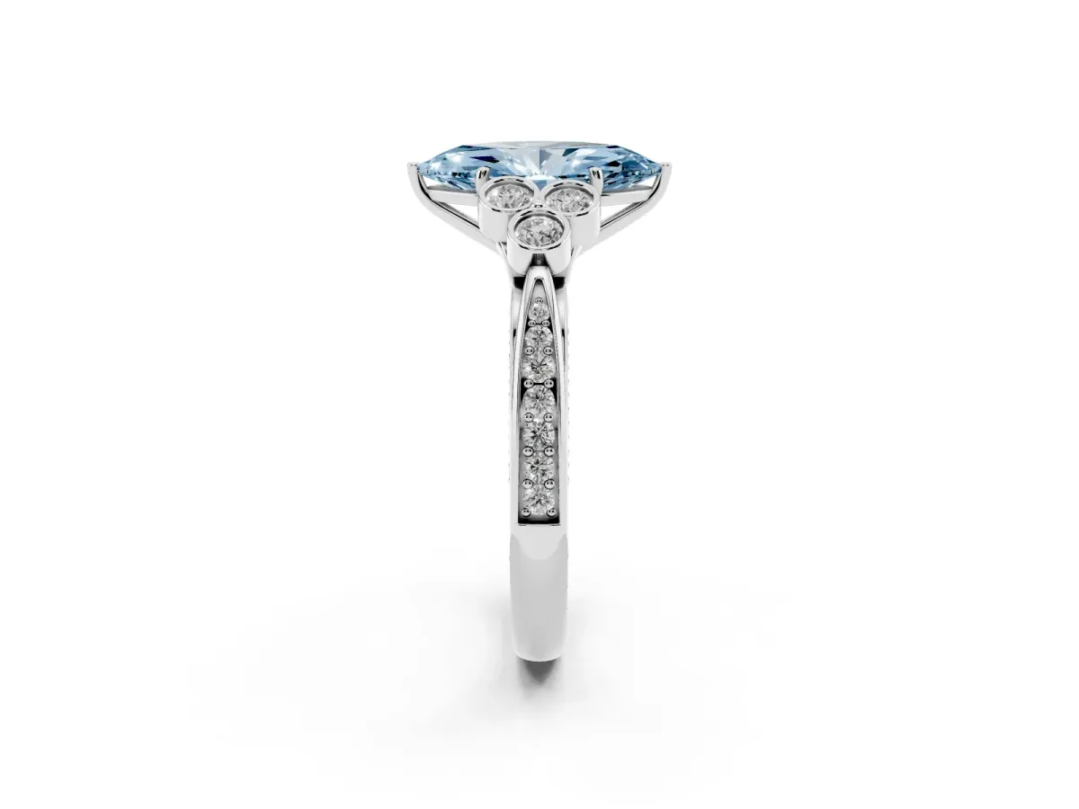 Fancy Blue Marquise Cut Cut Diamond Engagement Ring with Bezel Set Round Side Stones and Prong Setting White gold
