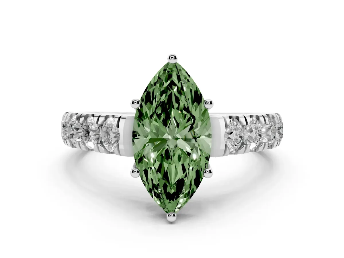 Fancy Green Marquise Cut Cut Diamond Solitaire Ring with Micro Pave Band and Prong Setting Silver