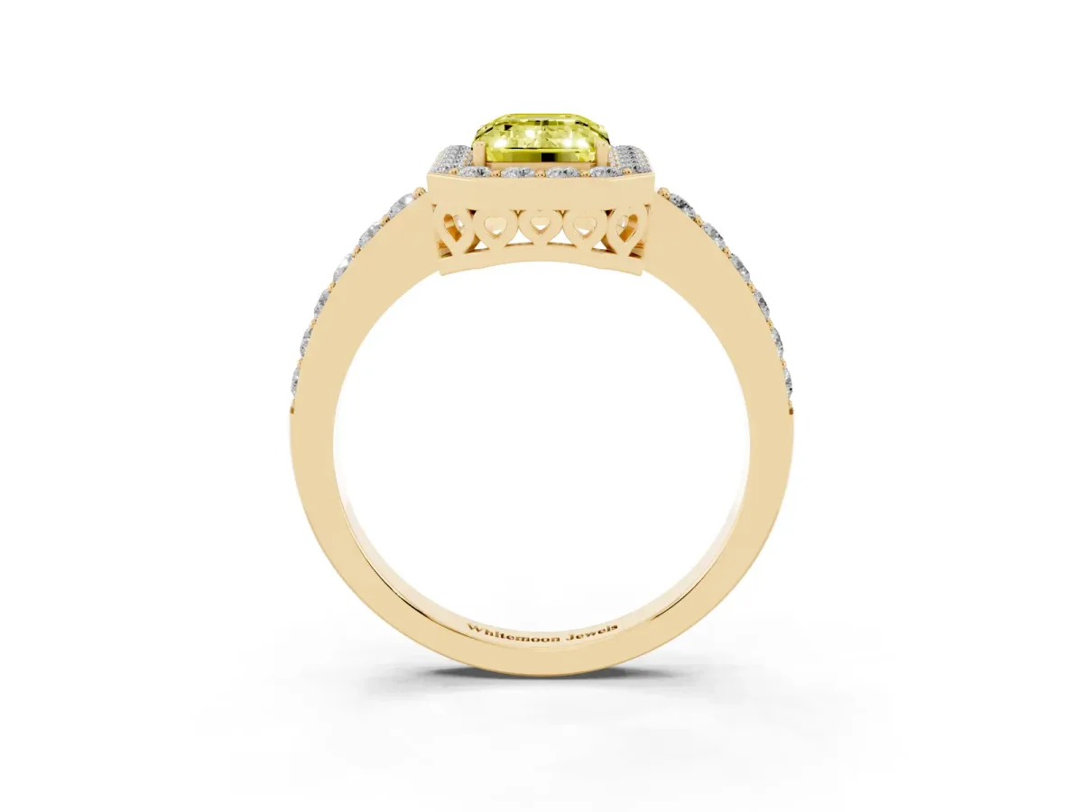 Fancy Yellow Emerald Cut Halo Diamond Pavé Band Ring with Prong Setting Yellow gold