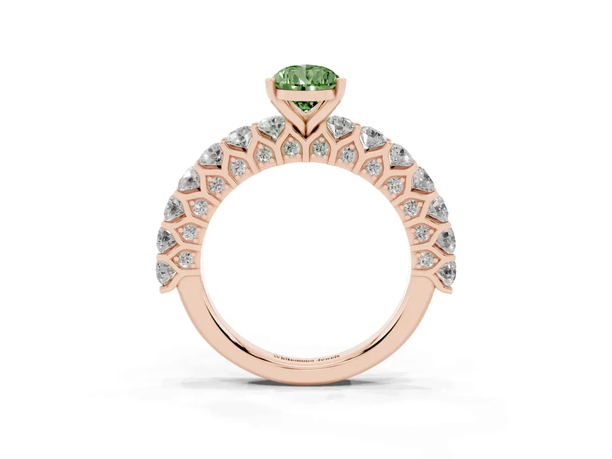 Fancy Green Pear Cut Diamond Solitaire Ring with Shared Prong Pavé Band and Four-Prong Setting Rose gold