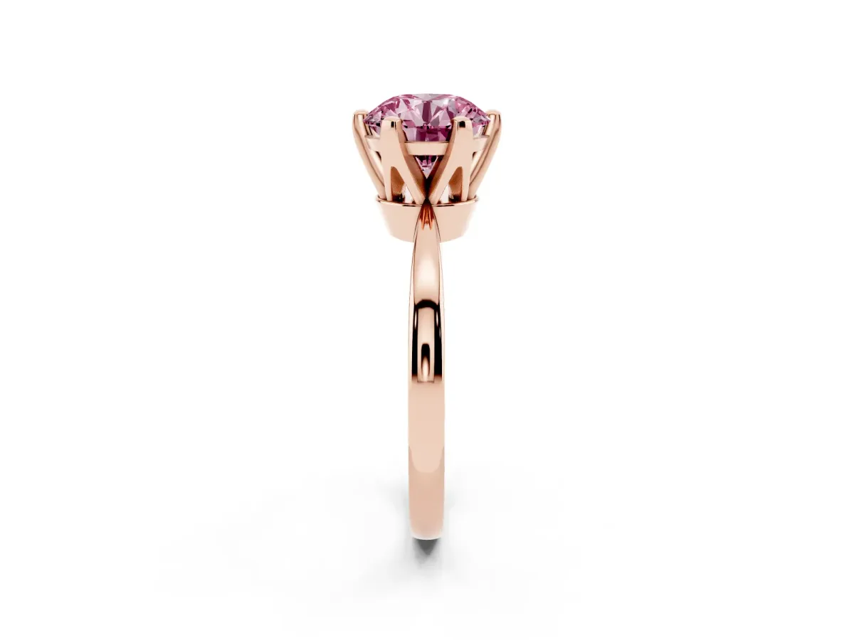 Fancy Pink Round Cut Solitaire Engagement Ring with Six-Prong Setting and Tapered Band Rose gold