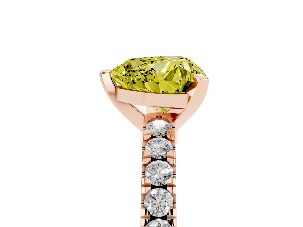 Fancy Yellow Heart Cut Solitaire Diamond with Pavé Band and Four-Prong Setting Rose gold
