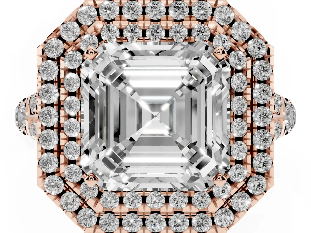Asscher Cut Diamond Pavé Split Shank Double Halo Engagement Ring Rose gold