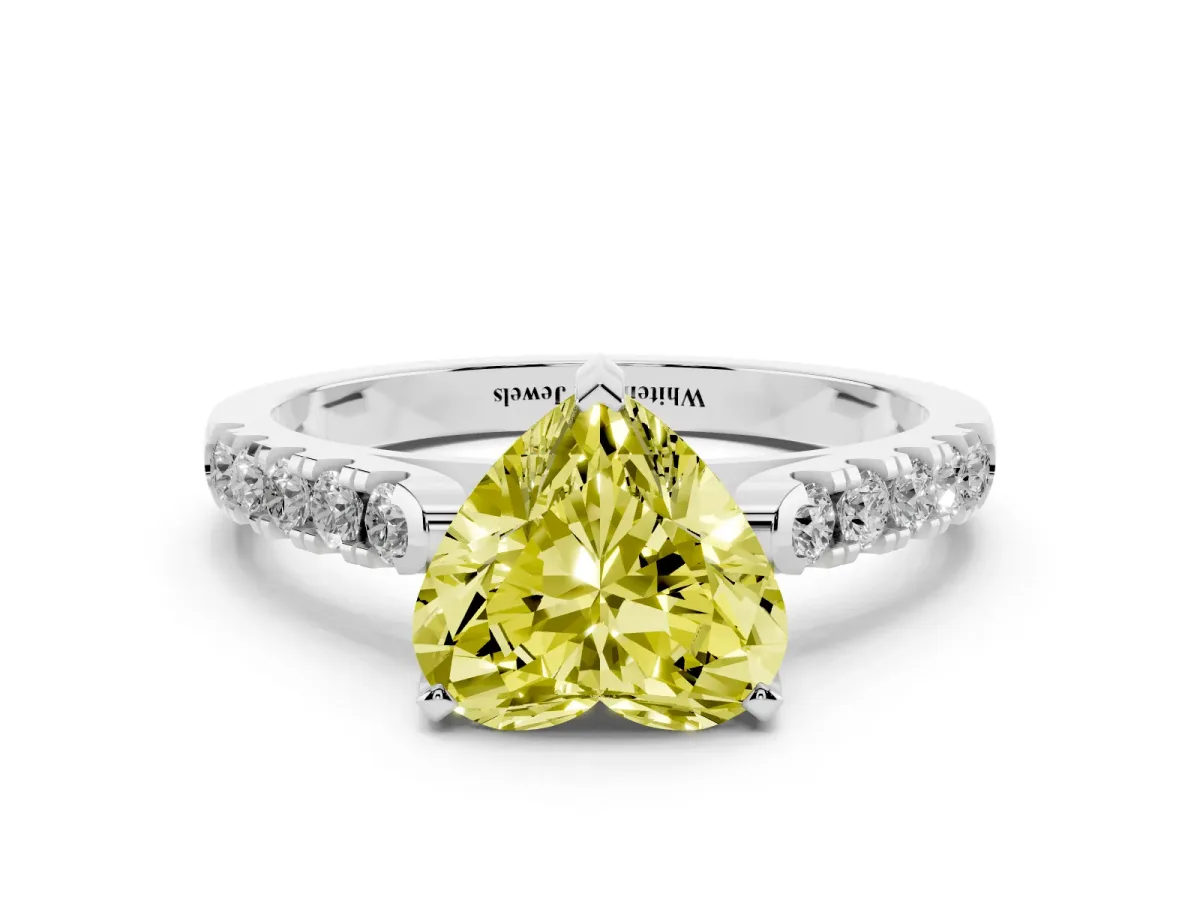 Fancy Yellow Heart Cut Diamond Pavé Band Solitaire Ring with Prong Setting Platinum