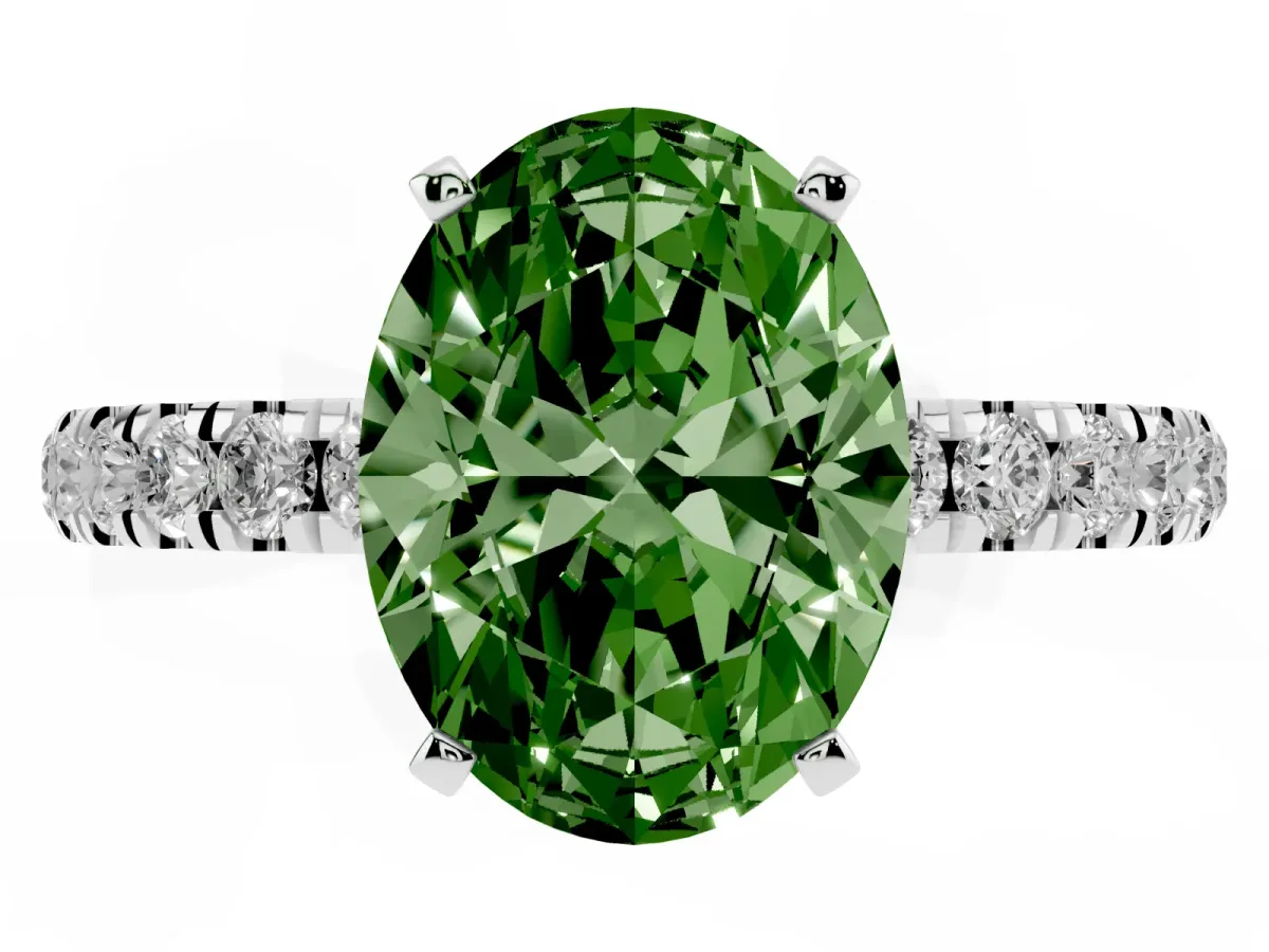 Fancy Green Oval Cut Diamond Solitaire Ring with Pavé Accents and Four-Prong Setting Platinum
