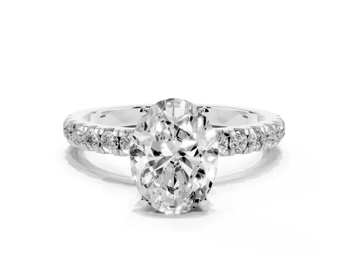 Oval Cut Diamond Solitaire Ring with Pavé Accents and Four-Prong Setting Silver