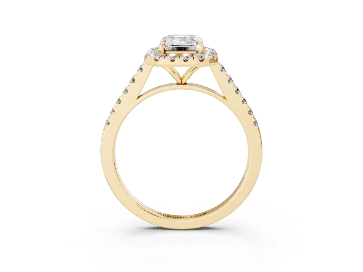 Emerald Cut Halo Pave Diamond Engagement Ring with Four-Prong Setting Yellow gold