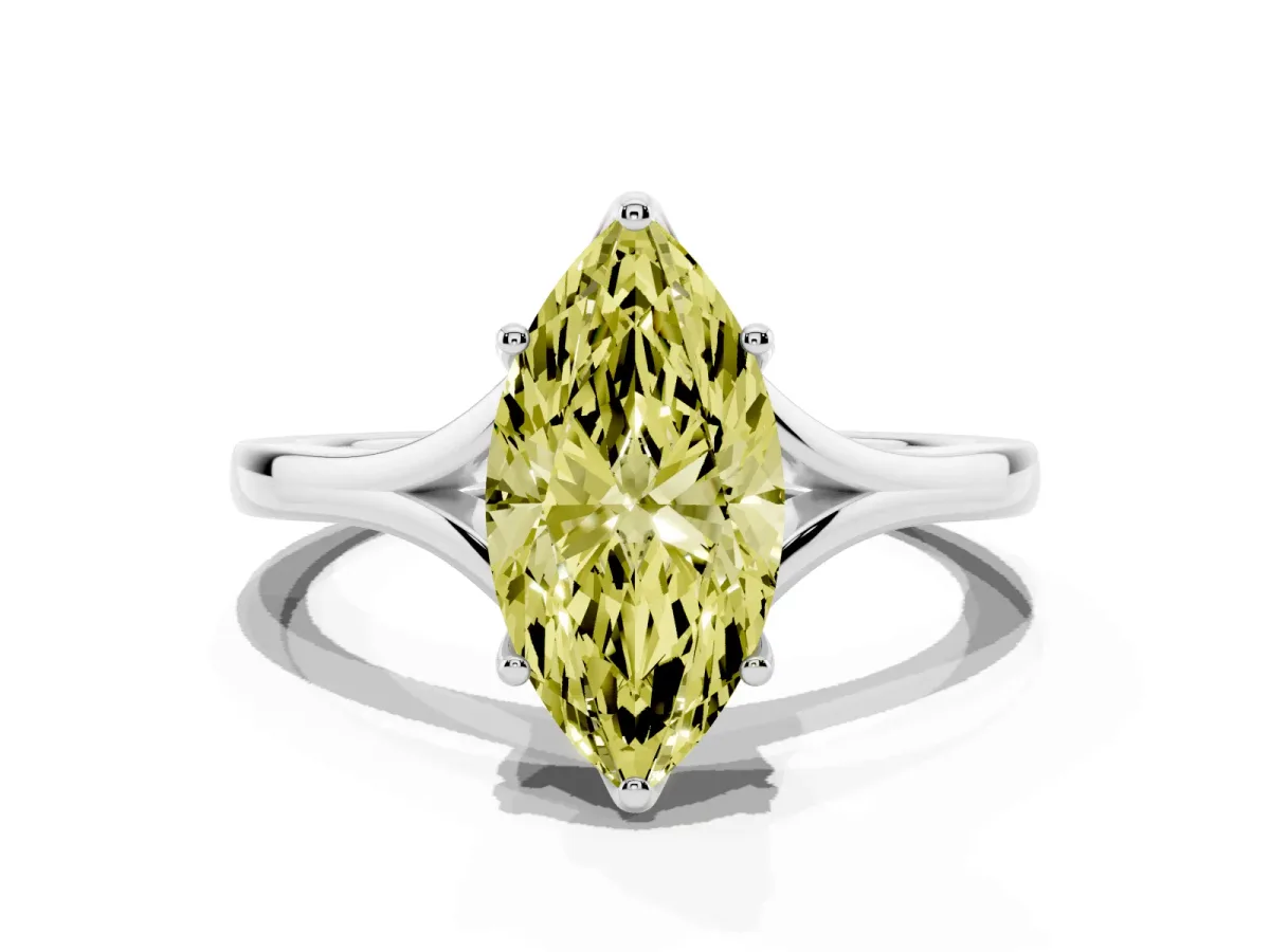 Fancy Yellow Marquise Cut Solitaire Diamond Ring with Six-Prong Setting and Tapered Band Silver
