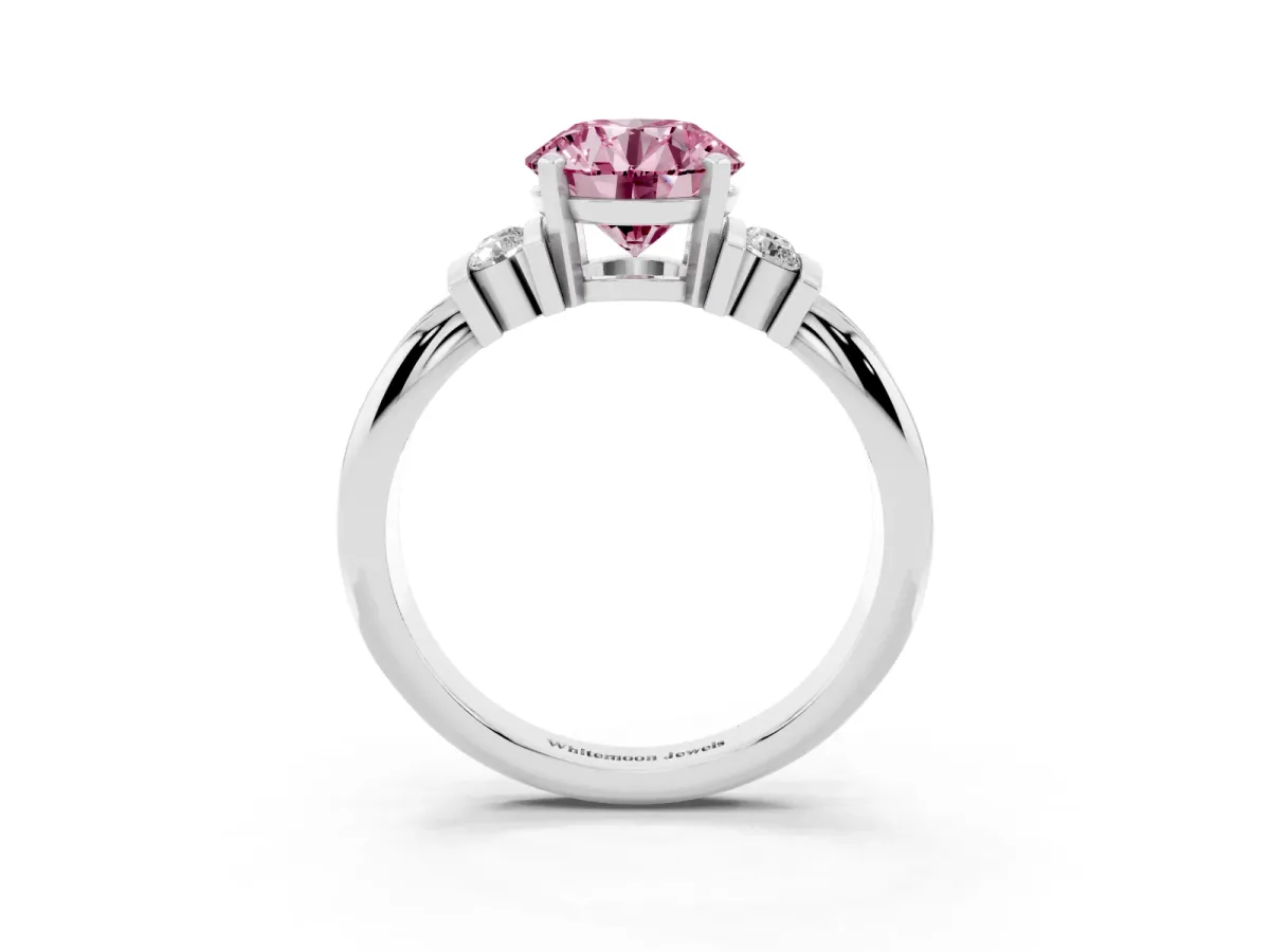Fancy Pink Round Cut Cut Three-Stone Channel Set Ring with Bar Prongs Silver