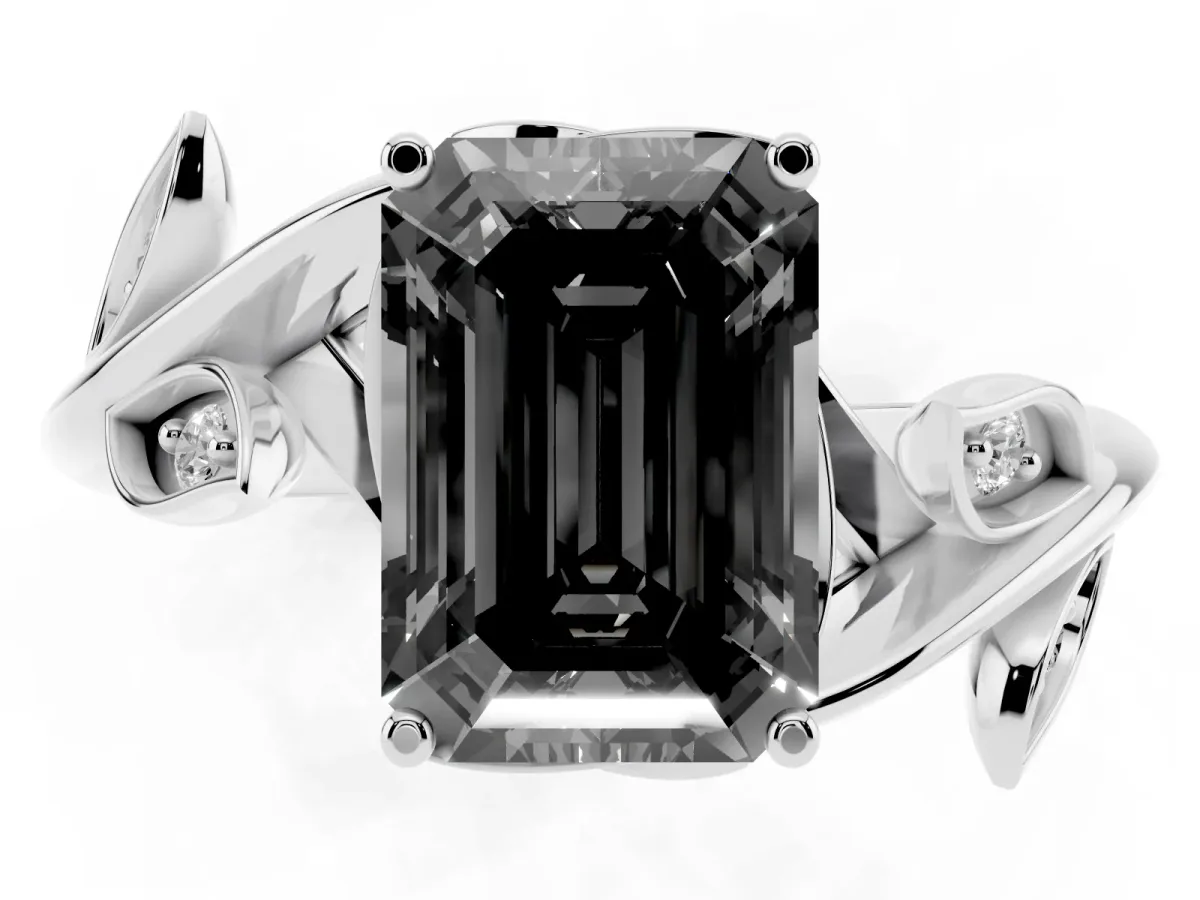 Fancy Black Emerald Cut Solitaire Twist Engagement Ring with Leaf Accents and Prong Setting Silver