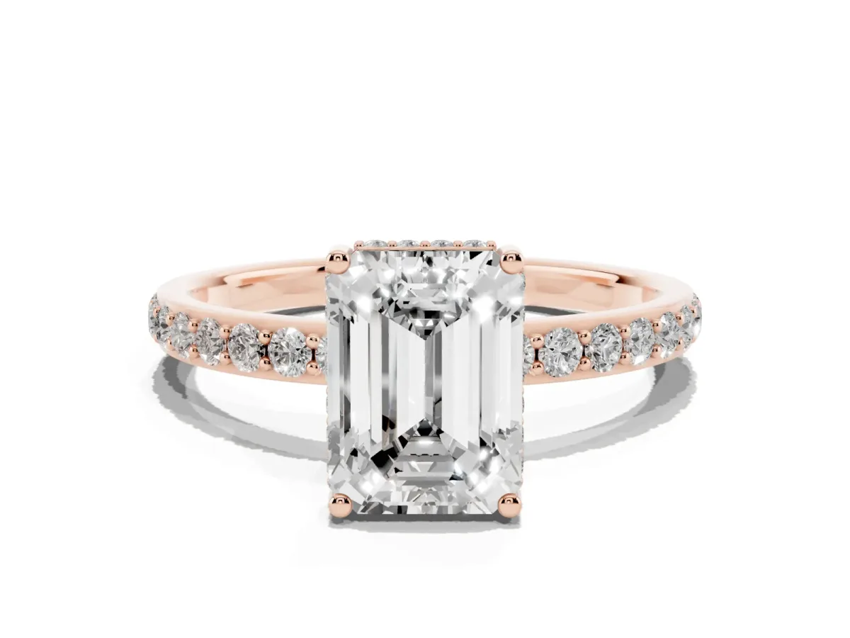 Emerald Cut Diamond Solitaire Ring with Pavé Band and Hidden Halo Rose gold