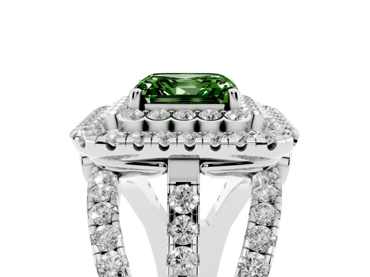 Fancy Green Asscher Cut Diamond Double Halo Ring with Round Pavé Split Shank and Prong Setting Silver
