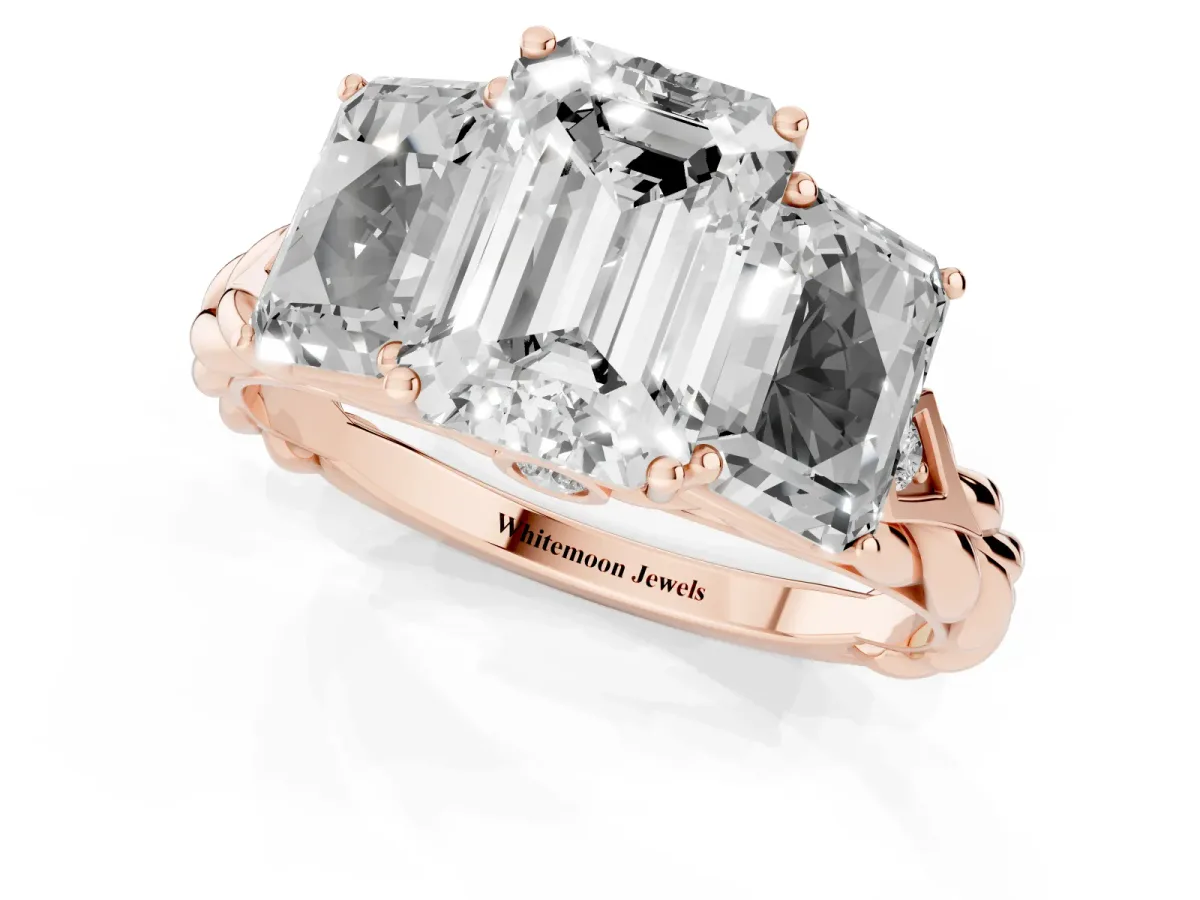 Three-Stone Emerald Cut Diamond Braided Band Ring with Four-Prong Setting Rose gold
